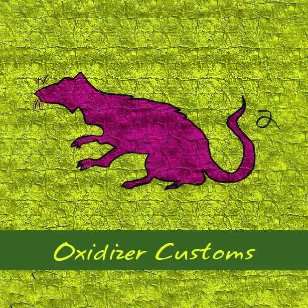 A magenta rat running across lime green, above an Oxidizer Customs banner