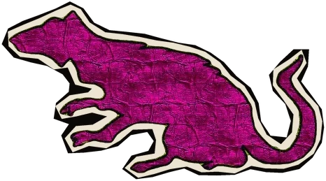 A magenta rat sneaking off with a stolen knife